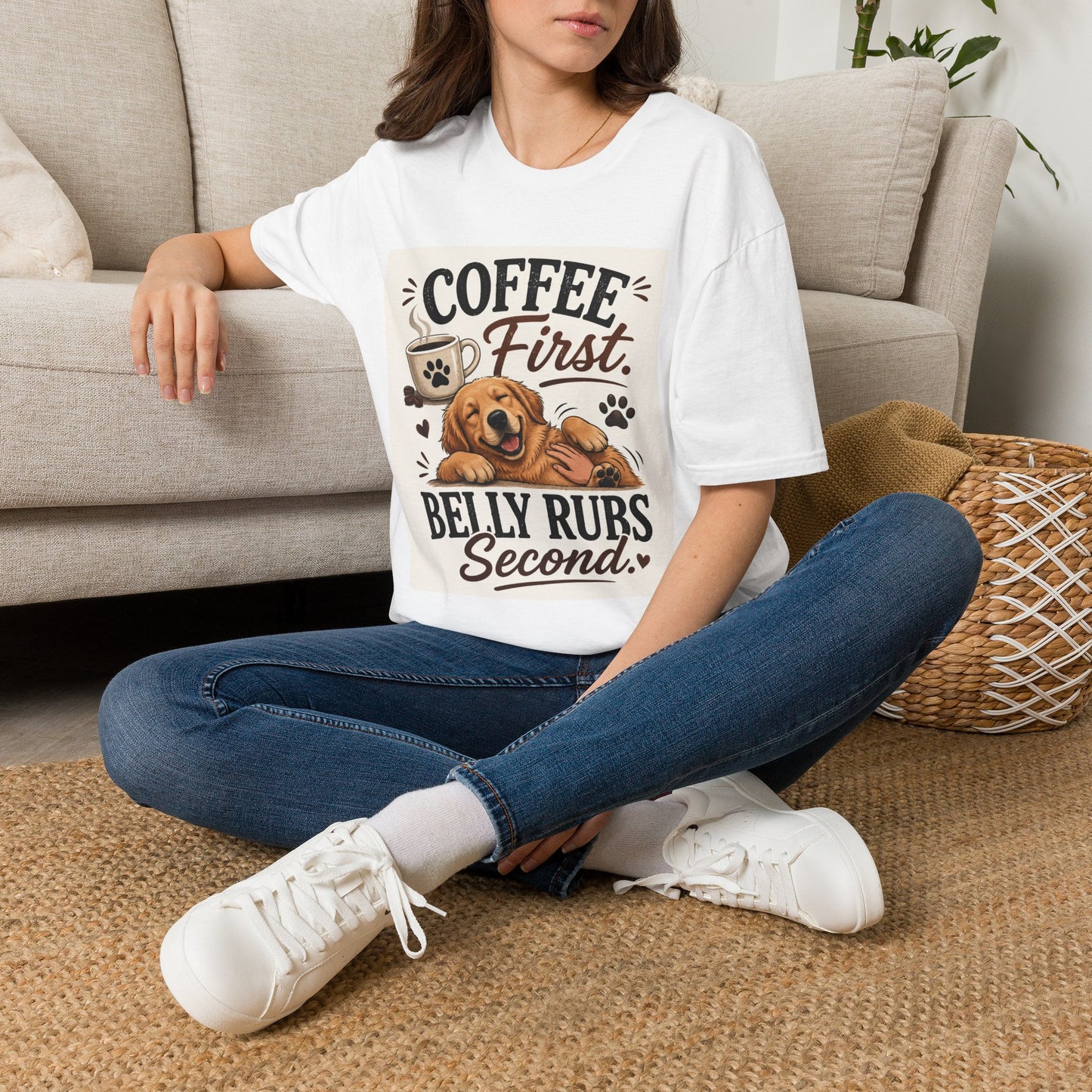 Coffee First T-Shirt — "Coffee First, Belly Rubs Second" Dog Lover Tee
