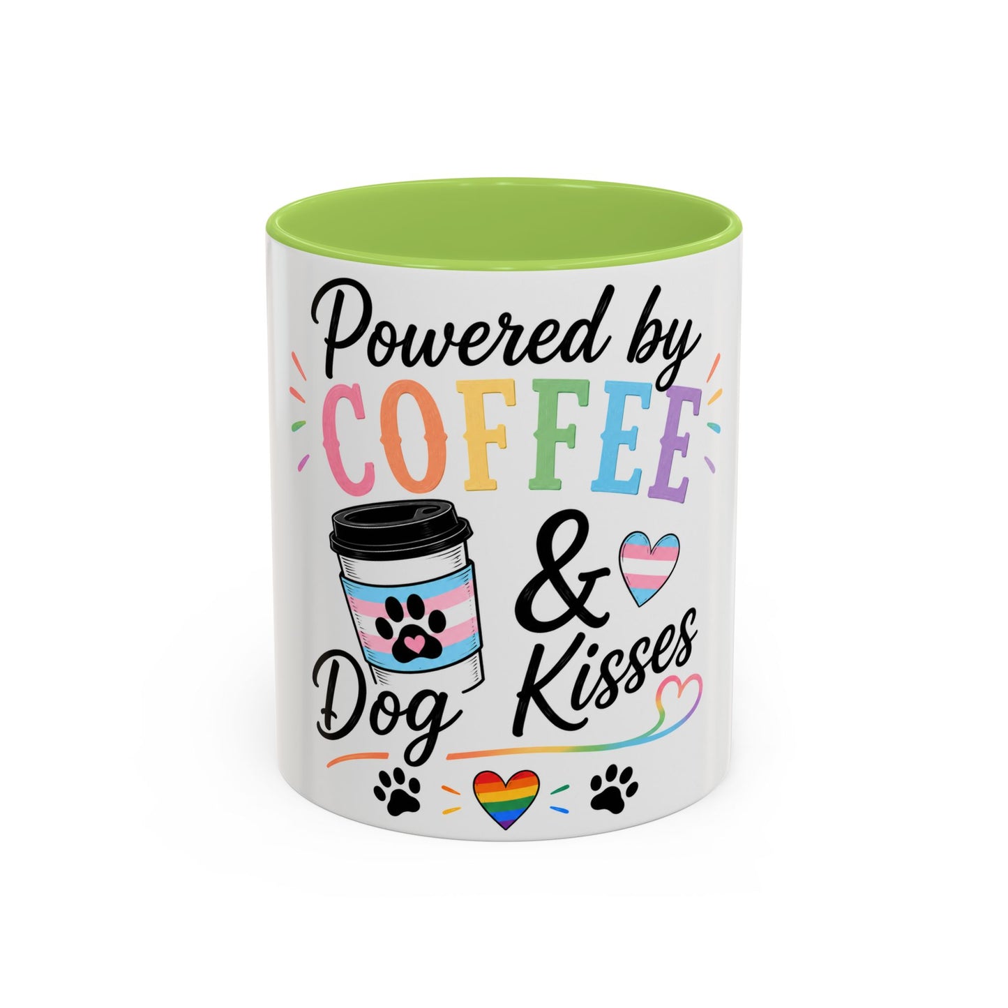 Powered by Coffee & Dog Kisses Accent Mug — Cute Rainbow Paw Print Coffee Cup (11/15oz)
