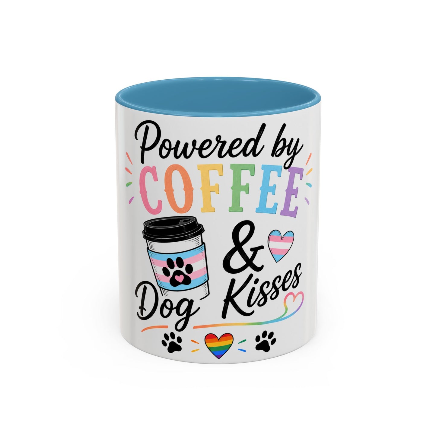 Powered by Coffee & Dog Kisses Accent Mug — Cute Rainbow Paw Print Coffee Cup (11/15oz)