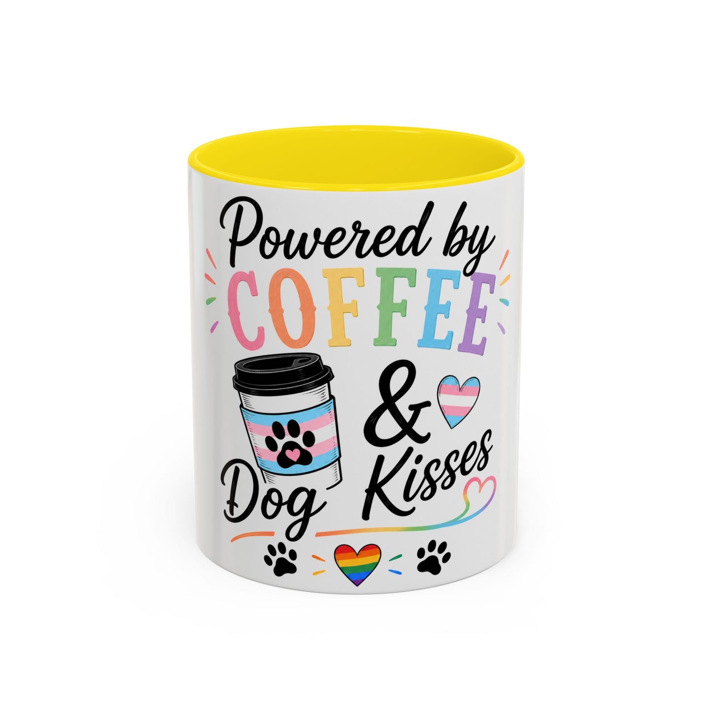 Powered by Coffee & Dog Kisses Accent Mug — Cute Rainbow Paw Print Coffee Cup (11/15oz)