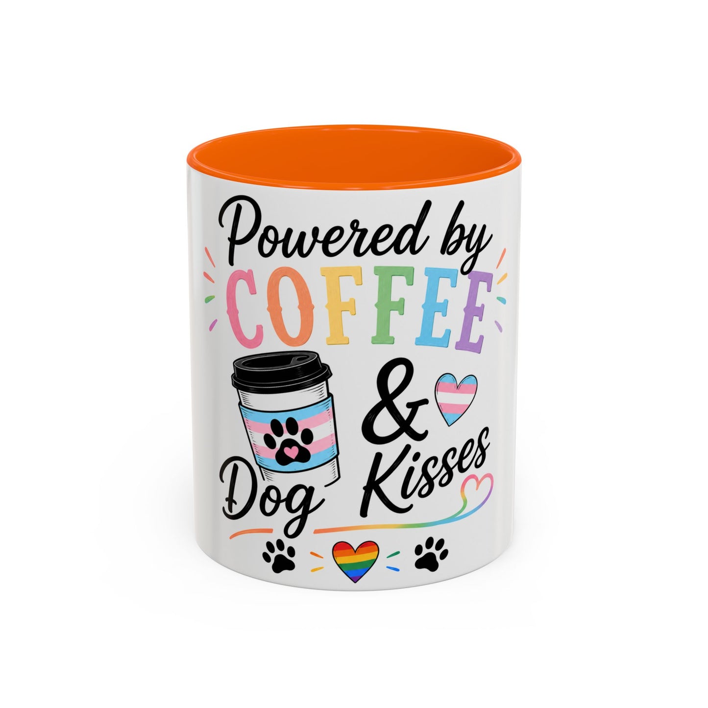 Powered by Coffee & Dog Kisses Accent Mug — Cute Rainbow Paw Print Coffee Cup (11/15oz)