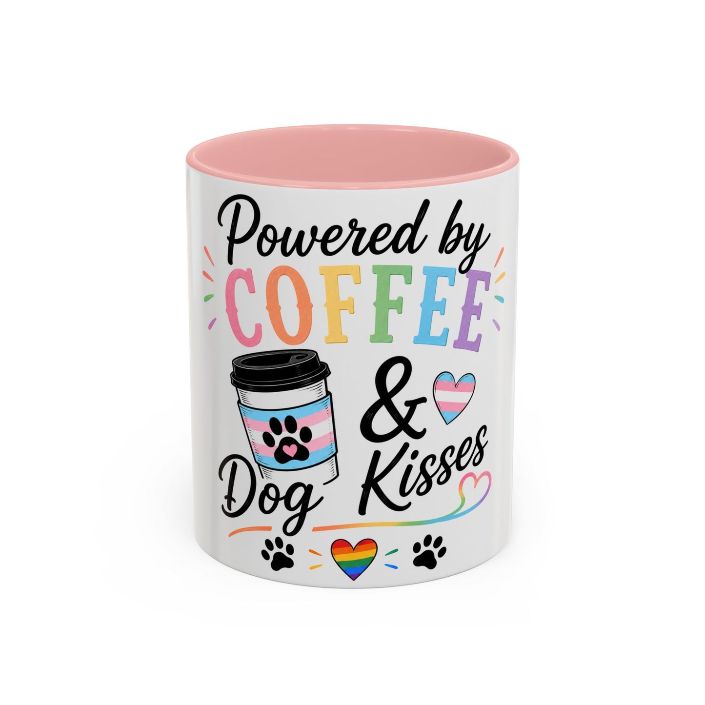 Powered by Coffee & Dog Kisses Accent Mug — Cute Rainbow Paw Print Coffee Cup (11/15oz)