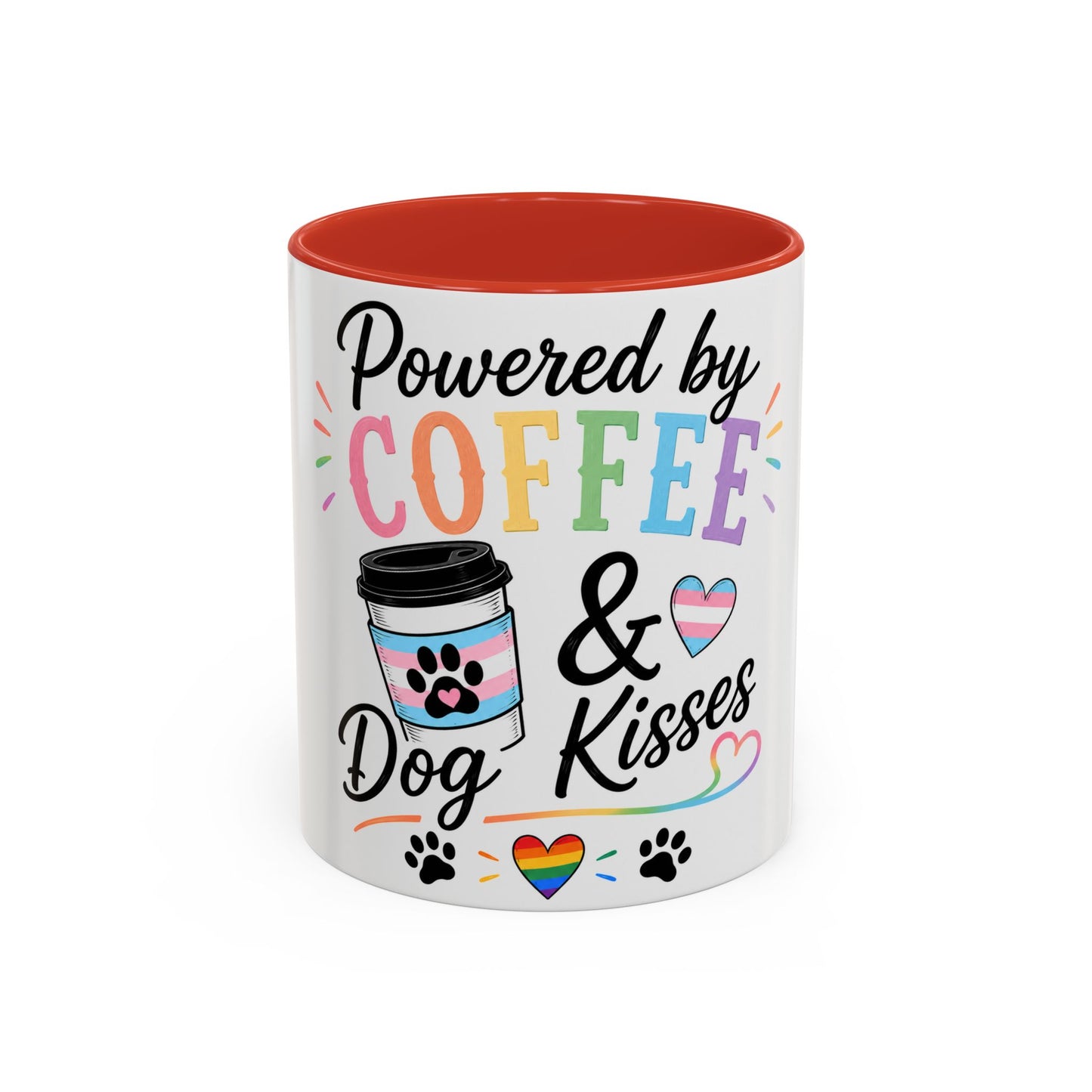 Powered by Coffee & Dog Kisses Accent Mug — Cute Rainbow Paw Print Coffee Cup (11/15oz)