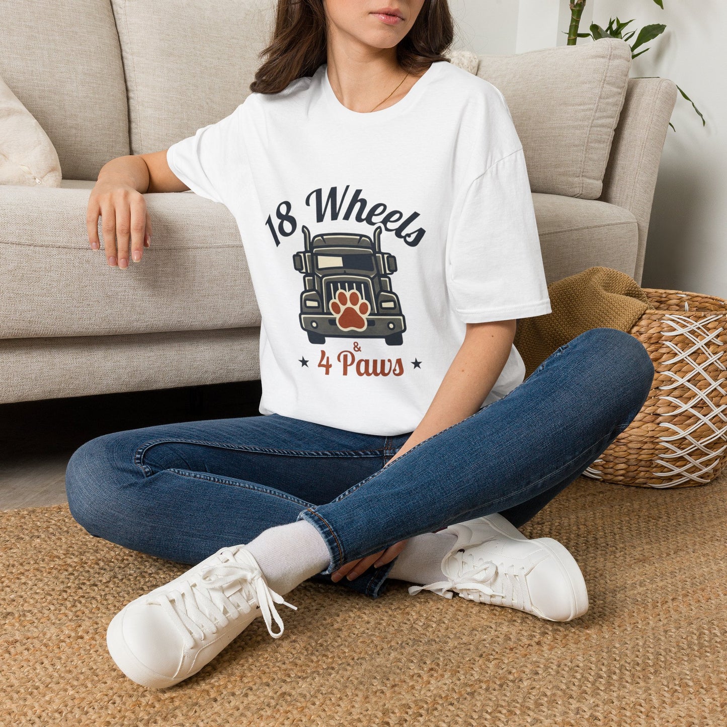 18 Wheels 4 Paws Trucker T‑Shirt — Semi Truck with Paw Print Graphic