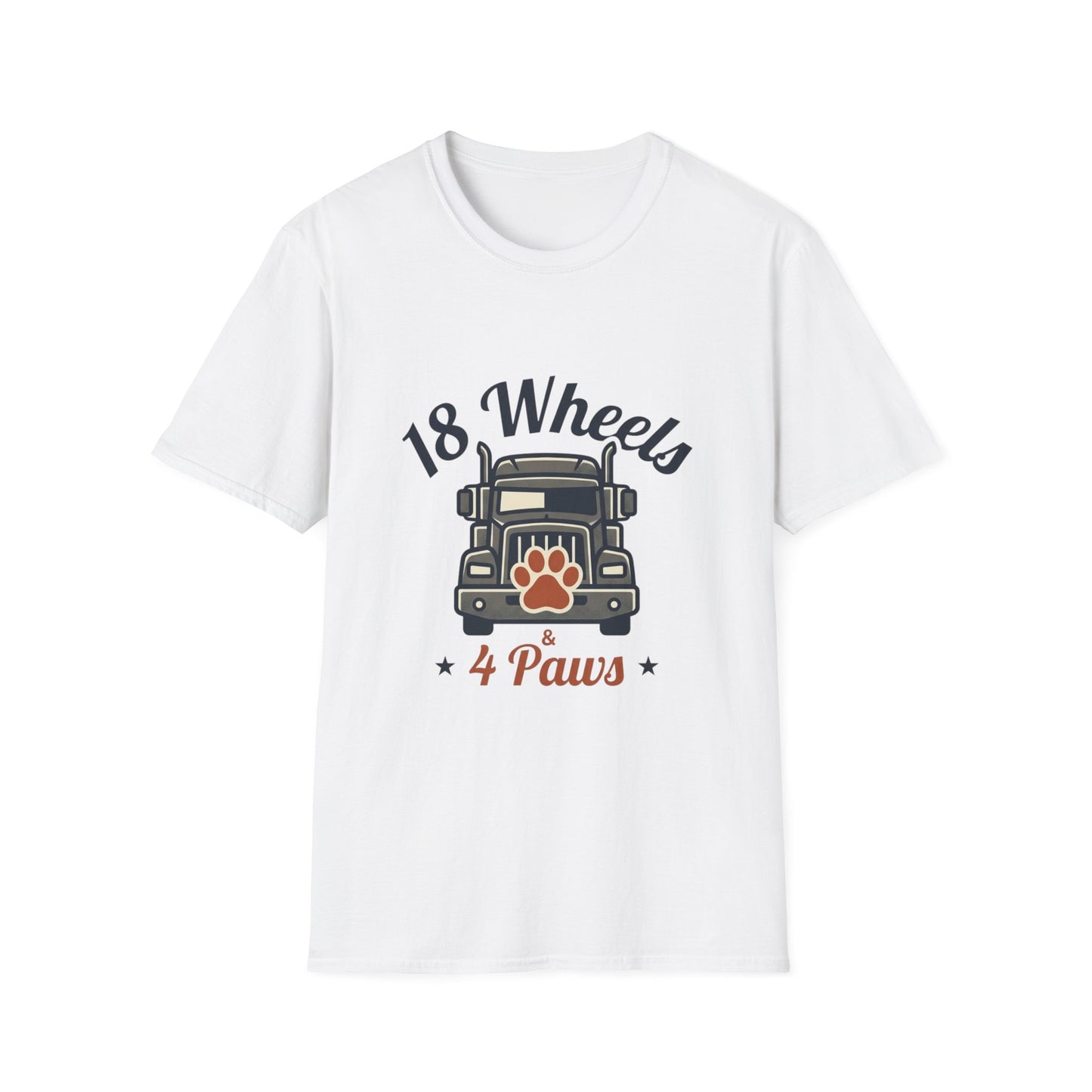 18 Wheels 4 Paws Trucker T‑Shirt — Semi Truck with Paw Print Graphic