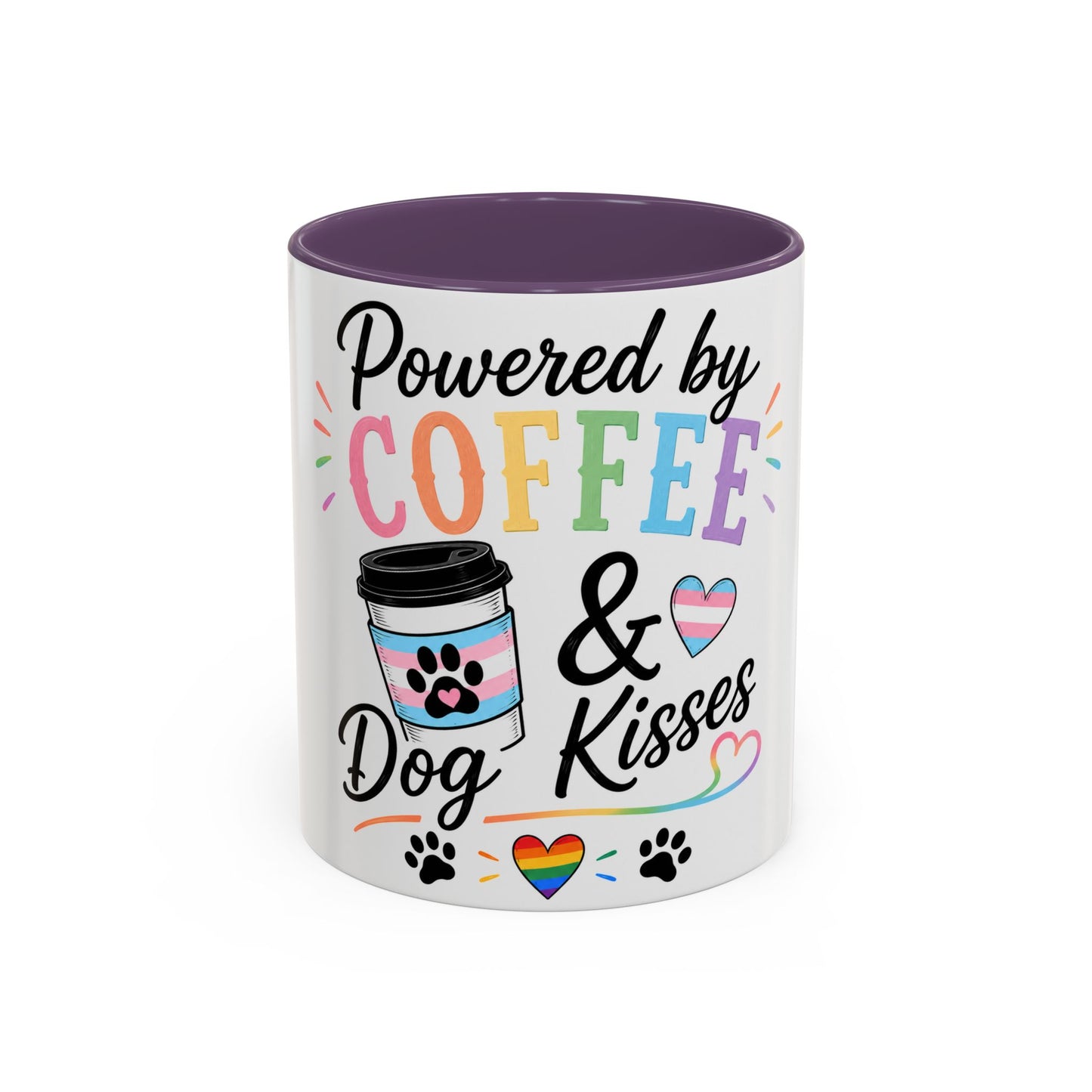 Powered by Coffee & Dog Kisses Accent Mug — Cute Rainbow Paw Print Coffee Cup (11/15oz)