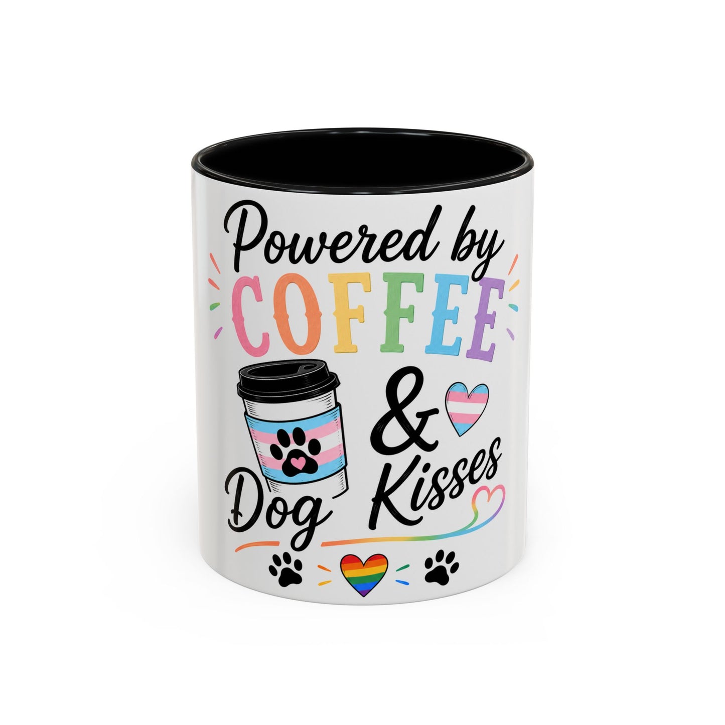 Powered by Coffee & Dog Kisses Accent Mug — Cute Rainbow Paw Print Coffee Cup (11/15oz)