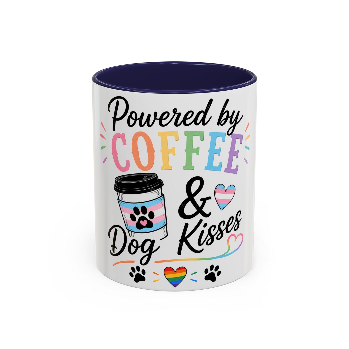 Powered by Coffee & Dog Kisses Accent Mug — Cute Rainbow Paw Print Coffee Cup (11/15oz)